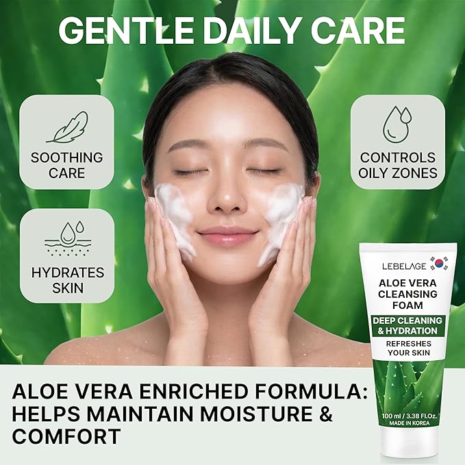 LEBELAGE Korean Aloe Vera Facial Cleanser 3.38 oz | Cleansing Foam Face Wash | Low pH Gentle Hydrating Daily Facial Cleanser Sensitive Skin | Deep Cleansing Foaming Cleanser, Pore Care-All Skin Types
