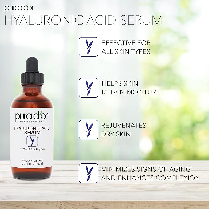 PURA D'OR 3.3 Oz Hyaluronic Acid Serum For Deep Hydration - Anti-Aging, Plumping & Moisturizing Formula For Smooth, Supple Skin - Natural Skincare Boost - Fine Lines & Wrinkle Reducer
