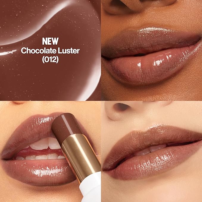 REVLON Super Lustrous Glass Shine Balm, Hydrating Tinted Lip Balm with Hyaluronic Acid, Aloe & Rose Quartz, Medium Brown Lipstick, NEW Shade, 012 Chocolate Luster, 0.11 oz