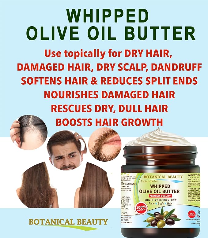 Botanical Beauty Whipped OLIVE OIL BUTTER 100% Natural Pure Organic Cocoa Butter, Shea Nut Butter, Organic Olive Oil Virgin Unrefined for FACE, SKIN, BODY, HAIR, NAILS. (4 Fl Oz)