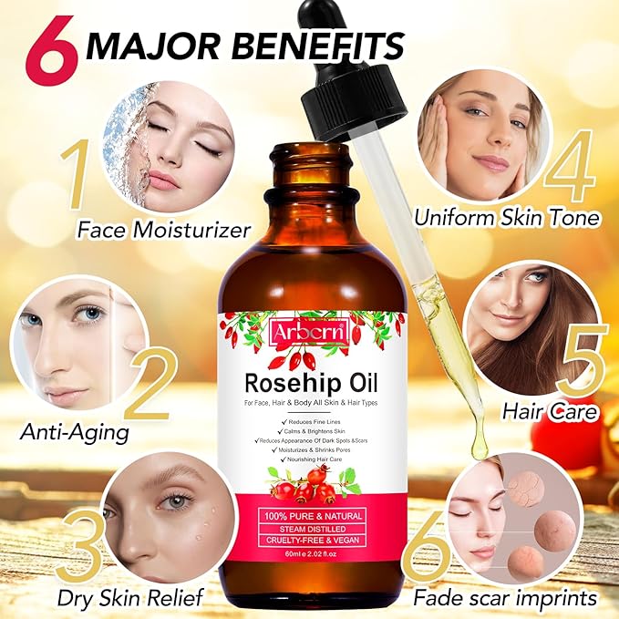 A r b c r n 2 Pack Rosehip Oil for Face,100% Pure Organic Rosehip Seed Oil Cold Pressed Moisturizer for Hair, Skin & Nails 4 fl.oz