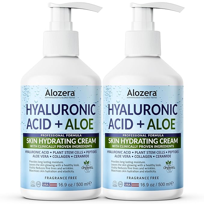 Alozera Hyaluronic Acid Face & Body Lotion with Aloe Vera, Daily Moisturizing Lotion for Dry Skin Hydration & Refresh, Non-Greasy, Lightweight, Fragrance-Free Moisturizer, 16.9 oz (2-Pack)