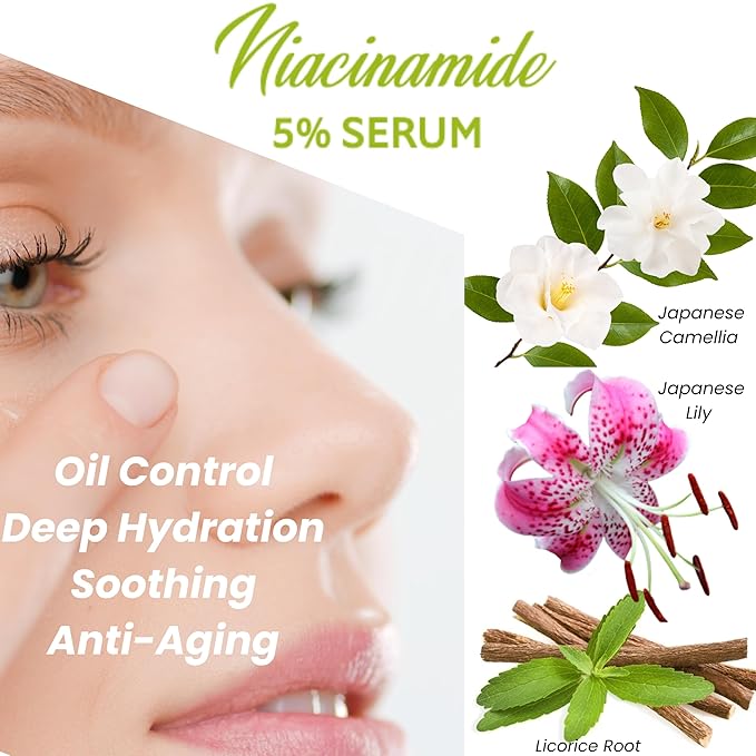 Niacinamide Serum 5% – Niacinamide Face Serum With Hyaluronic Acid, Natural Extracts – Oil Control, Pore Minimizer, Calms, Evens Skin Tone, Moisturizes, Anti-Wrinkle – 1 Oz