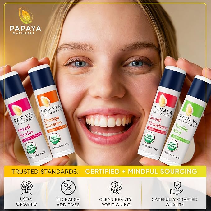 Papaya Naturals USDA Organic Lip Balm Set, 6 Pack – Organic Beeswax, Cocoa Butter & Vitamin E Lip Balm for Dry Lips – Moisturizing Natural Lip Care with Assorted Fruit Flavors