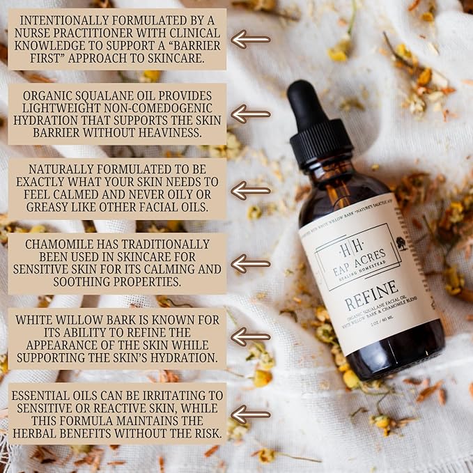 Facial Oil for Dry, Sensitive, Oily, Acne-prone/Mature skin–Organic Squalane oil Infused with Calendula & Chamomile & White Willow Bark–Hydrating, Gentle, Soothing, Refining, Radiant skin (REFINE)