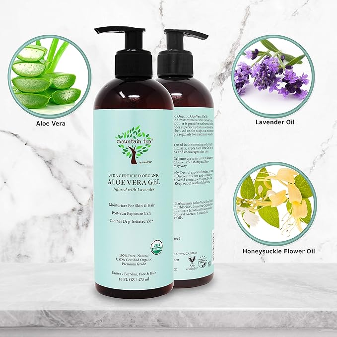 MOUNTAIN TOP Organic Aloe Vera Gel (16 fl oz / 473 mL) USDA Certified 100% Pure & Natural - For Extremely Dry & Itchy Skin