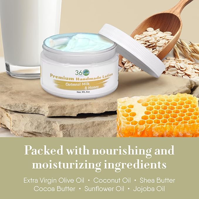 360Feel Oatmeal Milk & Honey Body Lotion - Hydrates with Coconut & Olive Oil, Plant-Based, Non-Greasy, Sensitive Skin, All Day Use