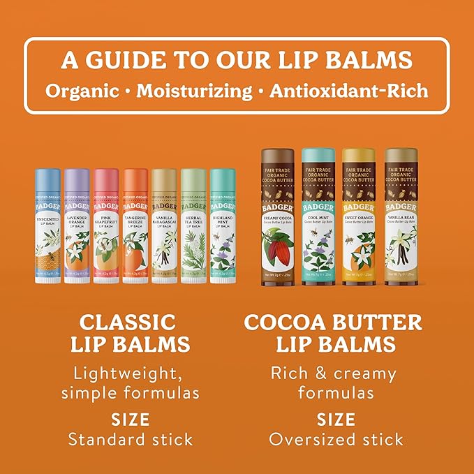 Badger Tangerine Breeze Classic Lip Balm, 100% Organic Lip Balm, Long Lasting Lip Care w/Light Silky Texture, Bright & Cheerful Lip Balm for Kids & Adults, 4 Pack