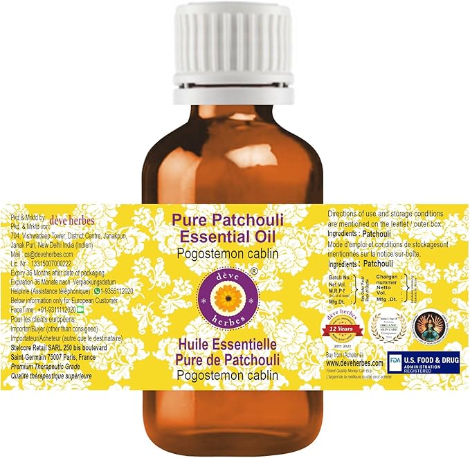 Deve Herbes Pure Patchouli Essential Oil (Pogostemon cablin) Steam Distilled 50ml (1.69 oz)