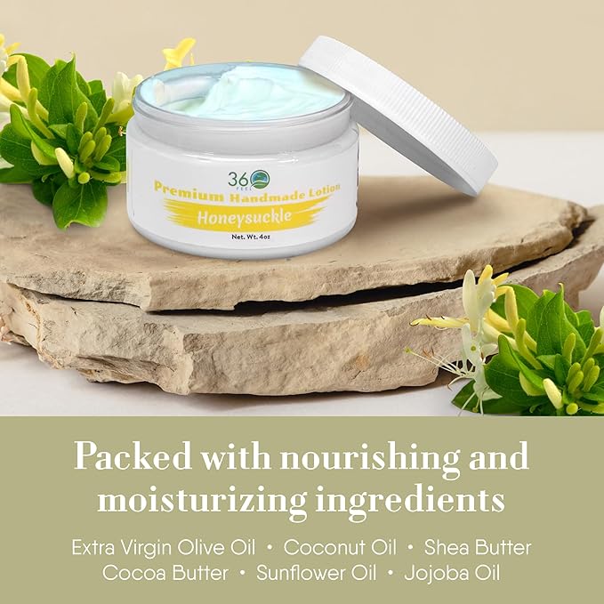 360Feel Honeysuckle Body Lotion - Hydrates with Coconut & Olive Oil, Plant-Based, Non-Greasy, Sensitive Skin, All Day Use