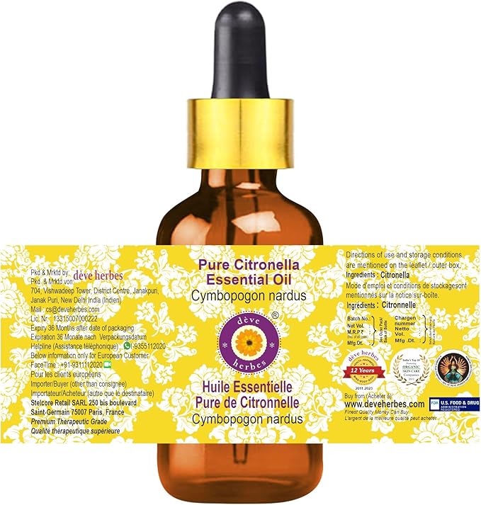 dève herbes Pure Citronella Essential Oil (Cymbopogon nardus) with Glass Dropper Steam Distilled 50ml (1.69 oz)