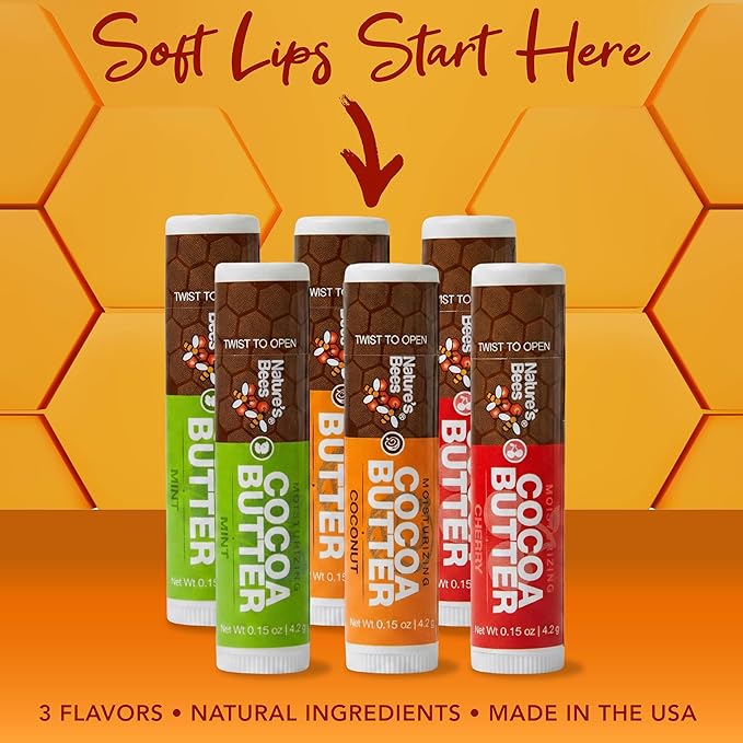 Nature's Bees Cocoa Butter Lip Balm, Lip Care for Dry Lips, Coconut Oil, Beeswax, Vitamin E, Aloe, & Shea Butter, 0.15 oz Each, 3 Flavors Coconut, Cherry, and Mint, 24 Pack - Packaging May Vary