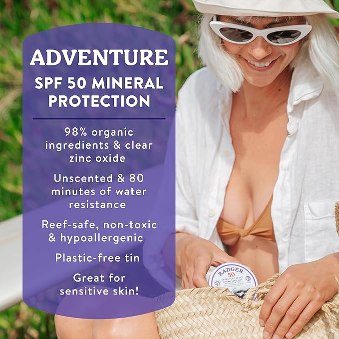 Badger Reef Safe Mineral Sunscreen, SPF 50, 98% Organic with Zinc Oxide, Non Toxic, Water Resistant, Unscented & Hypoallergenic, Broad - Spectrum, For Adventure, Travel & Sport, 2.4 oz Tin (2 Pack)
