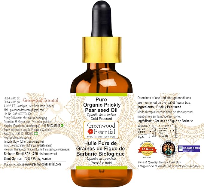 Greenwood Essential Pure Organic Prickly Pear Seed Oil (Opuntia ficus-Indica) with Glass Dropper 100% Natural Therapeutic Grade Cold Pressed for Personal Care 15ml (0.50 oz)