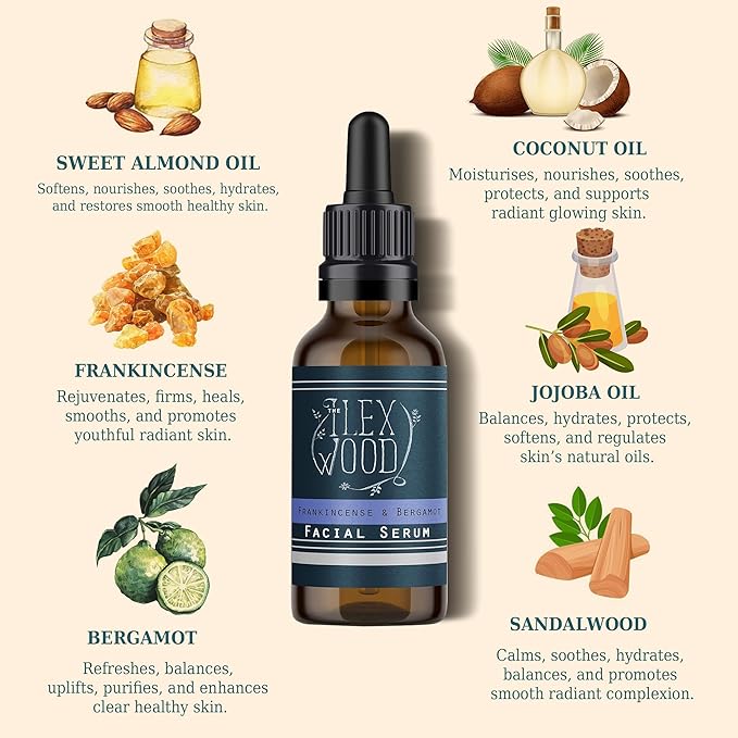 The Ilex Wood - Frankincense and Bergamot Facial Serum - 100% Natural, Vegan, Moisturising for both Men & Women, Cruelty Free, Anti Ageing, Wrinkle and Line Reducing Ingredients - 20ml (0.68 fl oz)
