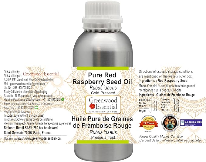 Greenwood Essential Pure Red Raspberry Seed Oil (Rubus idaeus) Cold Pressed 300ml (10 oz)