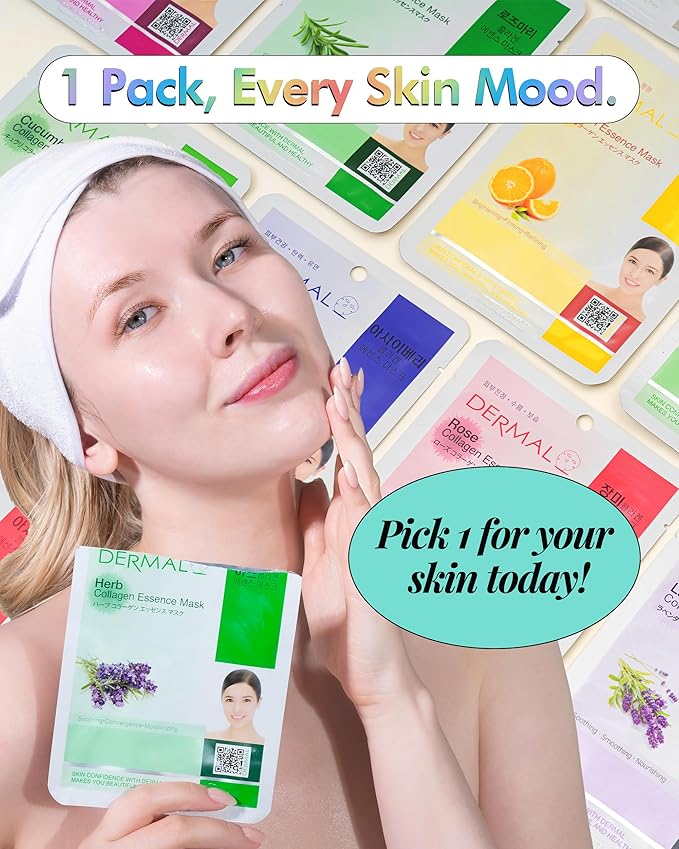 DERMAL 26 Combo Pack Collagen Essence Korean Face Mask (Red & Green) - Hydrating & Soothing Facial Mask with Panthenol - Hypoallergenic Sheet Mask for All Skin Types - Natural Home Spa Treatment Mask