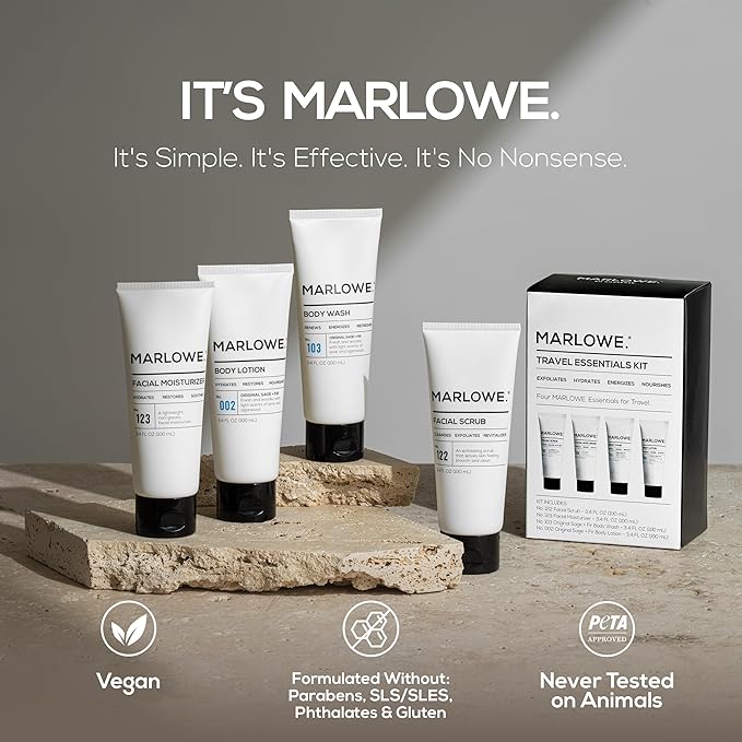 MARLOWE. Mens Face and Body Mini Kit – TSA Friendly Body Wash, Body Lotion, Facial Scrub & Facial Moisturizer (3.4 oz Each)