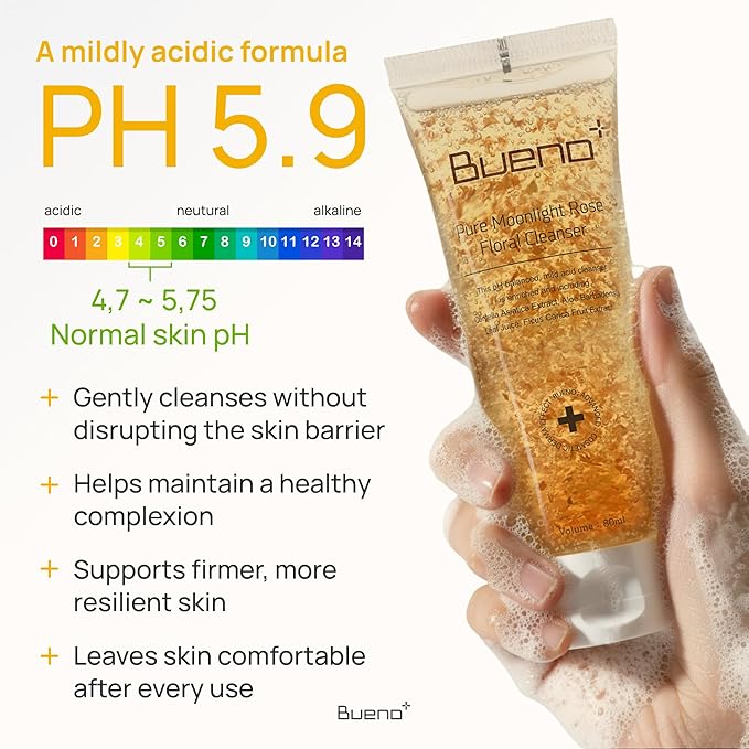 Bueno+ Pure Moonlight Rose Floral Cleanser | Gentle Daily Face Wash with Rose Petals | Mild Exfoliating & Hydrating Vegan Gel | For All Skin Types | 1.01 fl. oz