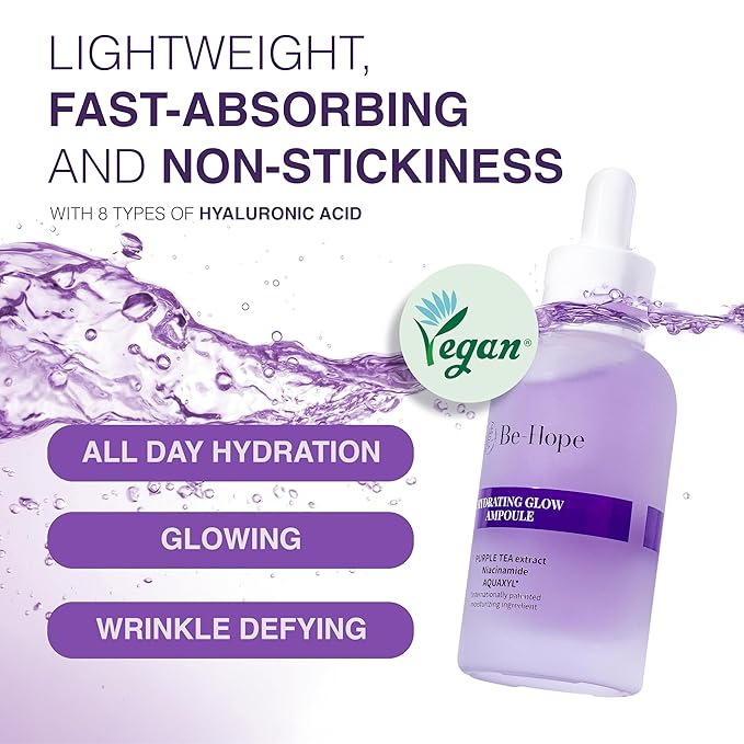 Be-Hope Vegan Luxury Hydrating Glow Ampoule – 8-Type Hyaluronic Acid & Antioxidant Serum for Deep Hydration & Radiance – Lightweight – 50ml / 1.7 fl oz