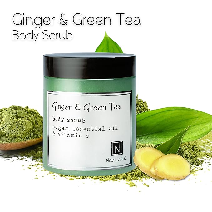 Ginger & Green Tea Body Scrub Made in USA with Essential Oil and Vitamin C by Nabila K - Exfoliate and Moisturize for Smooth Skin - Luxury for Women & Men, 3 oz