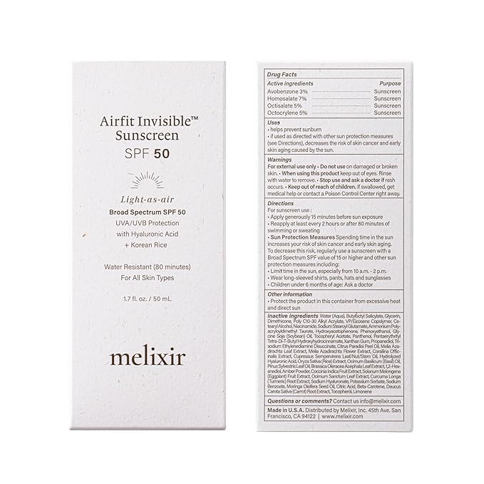 Melixir Airfit Invisible™ Sunscreen SPF 50, Broad Spectrum Korean Rice Sunscreen for Face, Hyaluronic Acid, Moisturizing Daily Protection for Sensitive Skin, No White Cast, Waterproof (1.7fl.oz./50ml)
