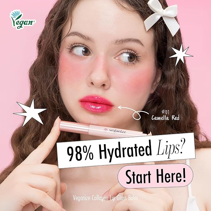self beauty Veganize Collagen Lip Glass Balm - Hydrating Lip w/Hyaluronic Acid - Vegan Korean Lip Balm Moisturizing Lip Care – Lip Gloss Repair for Dry Cracked Lips 0.06 oz (#1 Camellia Red)