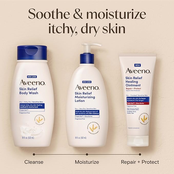 Aveeno Skin Relief Moisturizing Lotion Heals Very Dry, Sensitive Skin, Fast-Absorbing Body Lotion with Soothing Triple Oat & Shea Butter Formula, Fragrance Free, Non-Comedogenic, 8 oz
