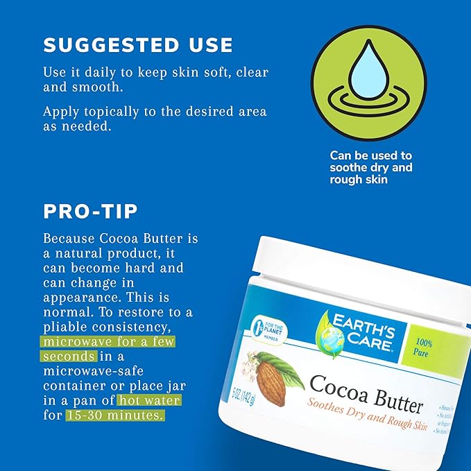Earth's Care Cocoa Butter - Pure Raw Natural Cocoa Butter for Body, Hair and DIY Projects 5 OZ