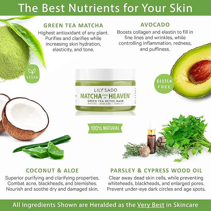 LILY SADO MATCHA MADE IN HEAVEN™ Green Tea Matcha & Avocado Face Mask - Natural Organic Vegan Facial Mask - Anti-Aging Antioxidant Defense Against Acne, Blackheads & Wrinkles – Get Visible Results