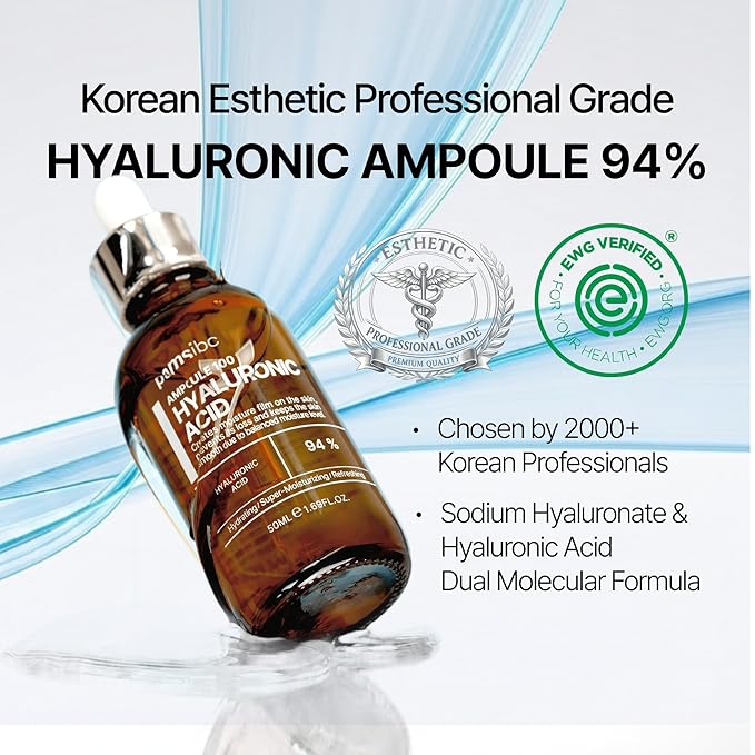PAMS IBC Ampoule 100 Hyaluronic Acid, Korean Professional Esthetician Formula, Dual-Molecular HA Complex, Clean Minimal for Sensitive & Dry Skin (1.69fl.oz/50ml)