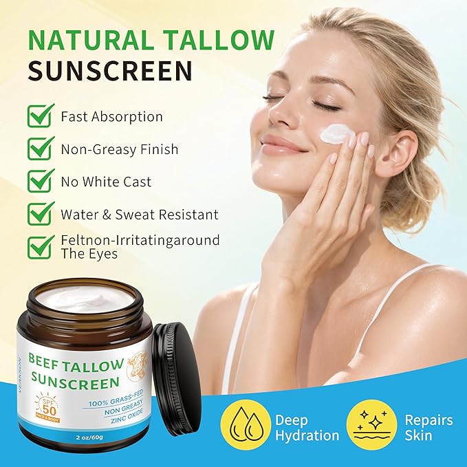 Beef Tallow Sunscreen SPF 50, Organic Grass-Fed Tallow Sunscreen with Non Nano Zinc Oxide, Natural Non-Greasy Formula for Face & Body, Water Resistant, Adult & kids, Reef Safe Travel Size, Unscented