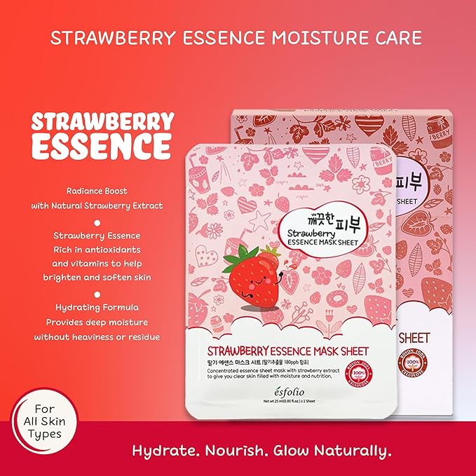 esfolio Strawberry Essence Mask – Hydrating Korean Sheet Mask with Strawberry Extract – Nourishing, Moisturizing, Skin Revitalizing Face Mask for Radiant, Smooth Skin (Pack of 10)