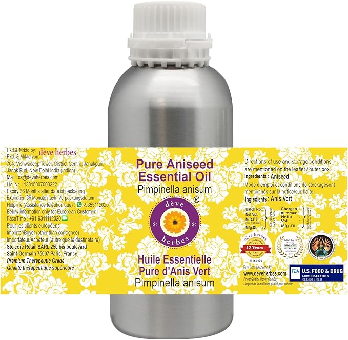 Deve Herbes Pure Aniseed Essential Oil (Pimpinella anisum) Steam Distilled 630ml (21 oz)