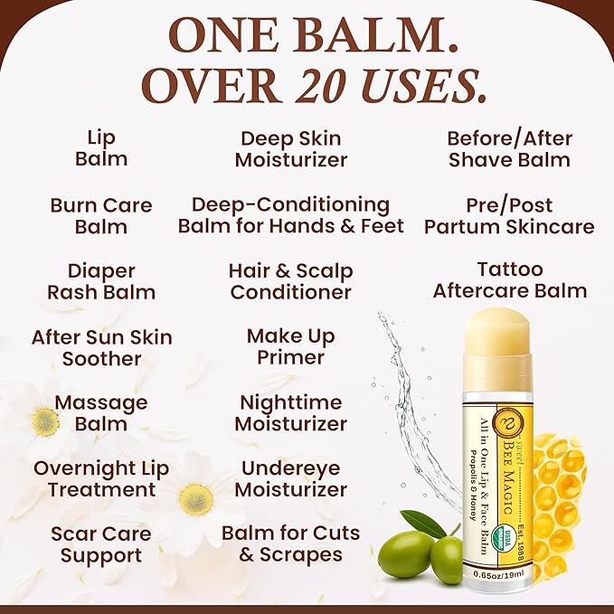Organic Beeswax Lip Balm - Natural Chapstick for Dry Lips - Honey & Propolis Moisturizing Wand - Non Petroleum Lip Balm for Men & Women - Clean Lip Care for All Skin Types, 0.65 oz