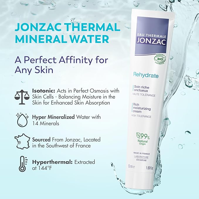 JONZAC Eau Thermale Rehydrate Organic Rich Sensitive Moisturizing Facial Cream - Intense 24hr Hydration, Shea Butter & Natural Hyaluronic Acid - Clinically Proven Skincare, All Skin Types, 1.69 Fl Oz
