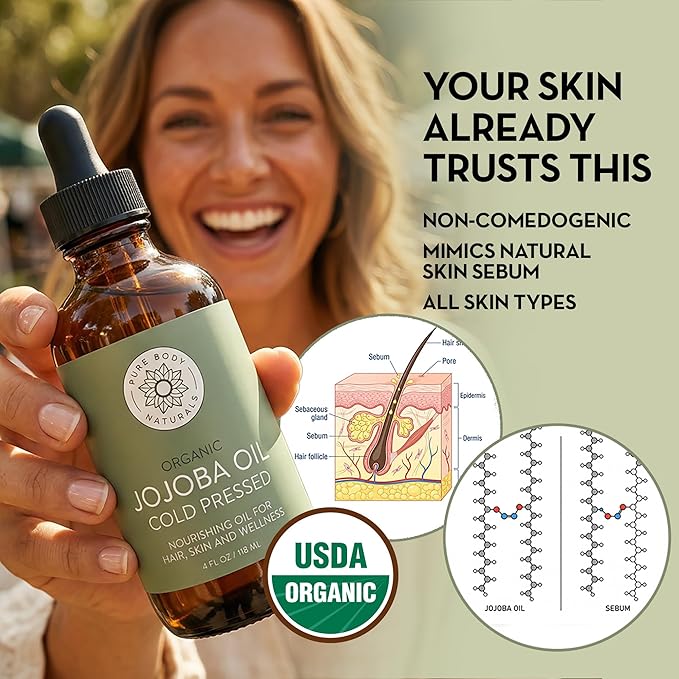 Pure Body Naturals Organic Jojoba Oil, 4 Fl Oz - 100% Pure, Organic, USA-Sourced, Cold Pressed Jojoba Oil for Skin, Face, Nails and Hair - Carrier Oil for Mixing Essential Oils
