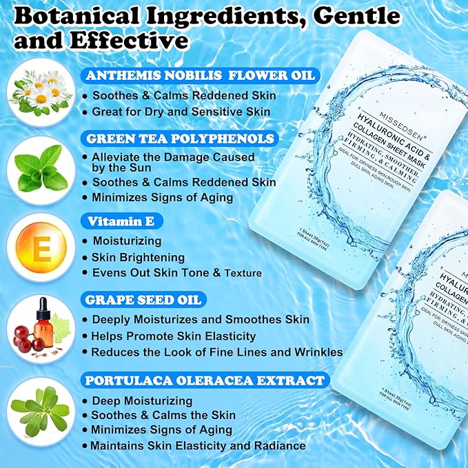 Collagen Face Mask with Hyaluronic Acid, Vitamin E Oil for Skin Care Hydrating, Moisturizing, Brightening & Anti Aging Face Masks Skincare for Oil, Dry, Acne, Sensitive All Skin Types 25PCS