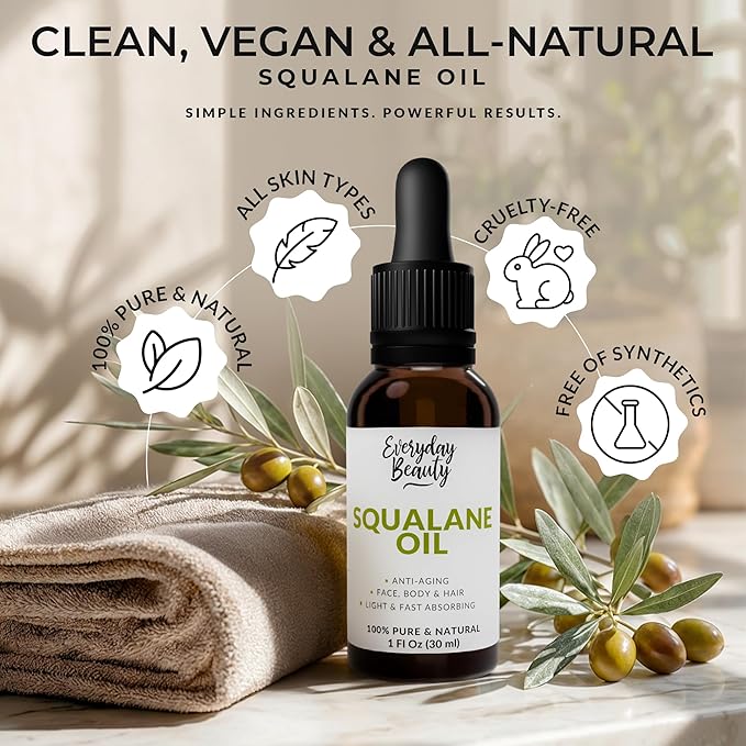 Squalane Oil - 100% Pure & Natural Plant Derived Facial Oil 1 Fl Oz Glass Bottle & Dropper - Cold Pressed and Unrefined Premium Grade Multipurpose Moisturizing Oil For Skin and Hair