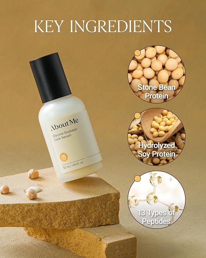 About Me Glycine Soybean Core Serum - 13 Peptides + Soy Protein Firming Serum, Lightweight Emulsion for Fine Lines & Elasticity, Squalane Niacinamide Ceramide NP, All Skin Types, 1.69 oz (50ml)