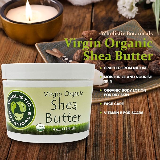 Virgin Organic Shea Butter — Softening Body Moisturizer, Organic Body Butter for Face, Lips, Skin and Elbows — Vitamin E, Antioxidant, Inflammatory Response — 4 oz
