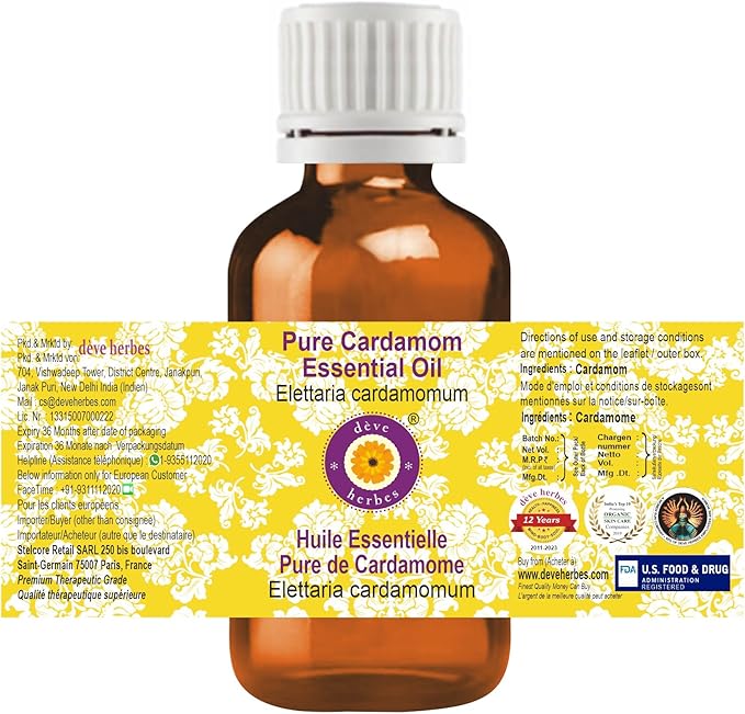 Deve Herbes Pure Cardamom Essential Oil (Elettaria cardamomum) Steam Distilled 100ml (3.38 oz)