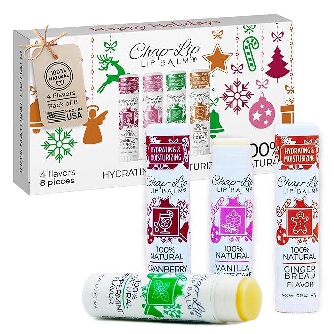 Chap-Lip Lip Balm 100% Natural Lip Balm Set - Beeswax Natural Christmas Gifts for Her - Ideal Gift for Women - Lip Moisturizer for Dry Lips, Cocoa Butter - Petroleum Free Pack of 8
