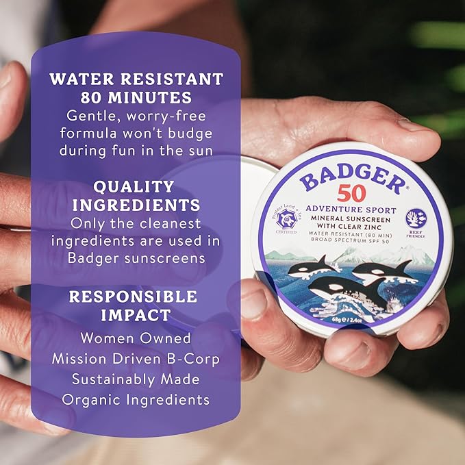 Badger Reef Safe Mineral Sunscreen, SPF 50, 98% Organic with Zinc Oxide, Non Toxic, Water Resistant, Unscented & Hypoallergenic, Broad - Spectrum, For Adventure, Travel & Sport, 2.4 oz Tin (2 Pack)