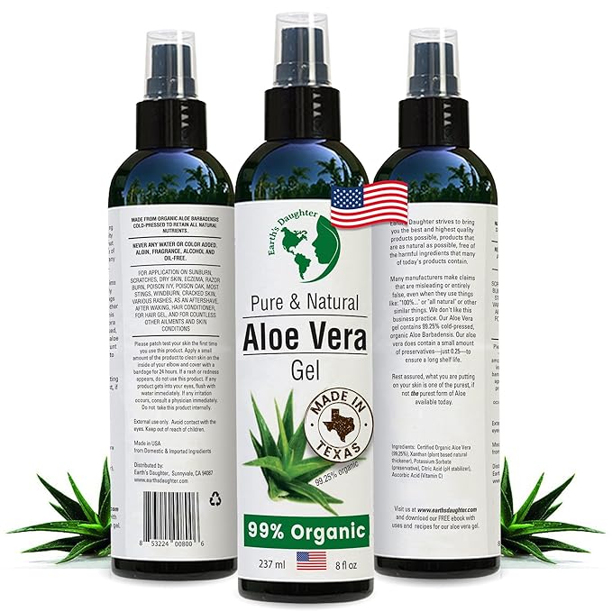 Earth's Daughter Premium Organic Aloe Vera Gel from Fresh Cut 100% Pure Organic Aloe leaves – TopQuality Fast Absorbing for Face, Skin, Hair & Body – Vegan, Unscented, Natural - 8 Oz USA Made