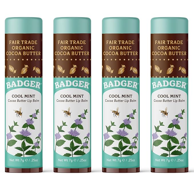 Badger Cool Mint Cocoa Butter Lip Balm, Long Lasting Hydrating Lip Care, 100% Organic Lip Balm, Large Size Stick, 4-pack