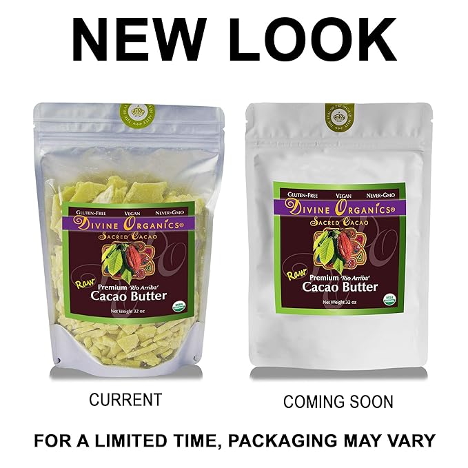 Divine Organics Raw Cacao Butter/Cocoa Butter - Certified Organic - Food Grade - Edible - Fragrant, Natural Skin Moisturizer (32 oz)