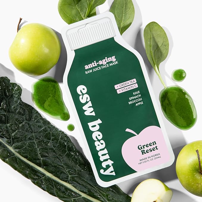 ESW Beauty Green Reset - Anti-Aging Raw Juice Face Mask (6-Pack) - Revitalizing with Kale, Spinach, Broccoli & Apple for Mature Skin - Boosts Collagen & Reduces Wrinkles