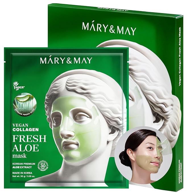 Mary&May Vegan Collagen Fresh Aloe Mask - Face Sheet Hydrogel Mask - Low Molecular Collagen, Houttuynia Cordata, Centella - Cooling, Soothing, Firming Korean Skincare for Sensitive Skin, 4 Sheets