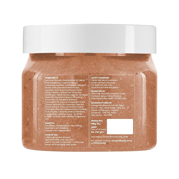 WildOak Iced Coffee Shea Butter Sugar Body Scrub | With Collagen & Peptides | Tan Removal | Lightens Dark Area - Neck & Elbows | Smoothen Bumpy Legs & Hands | Hydrating & Exfoliating Scrub | 10.58 oz